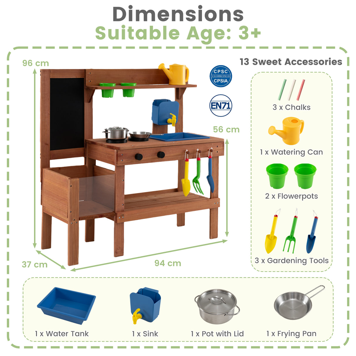 Kids Mud Kitchen Solid Wood with Planter Box Sink Stoves and Chalkboard