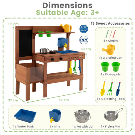 Kids Mud Kitchen Solid Wood with Planter Box Sink Stoves and Chalkboard