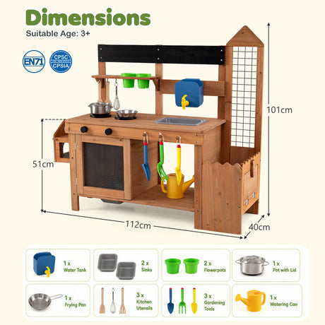 Kids Mud Kitchen, Solid Wood Toddler Kitchen Playset with Detachable Bird Cage