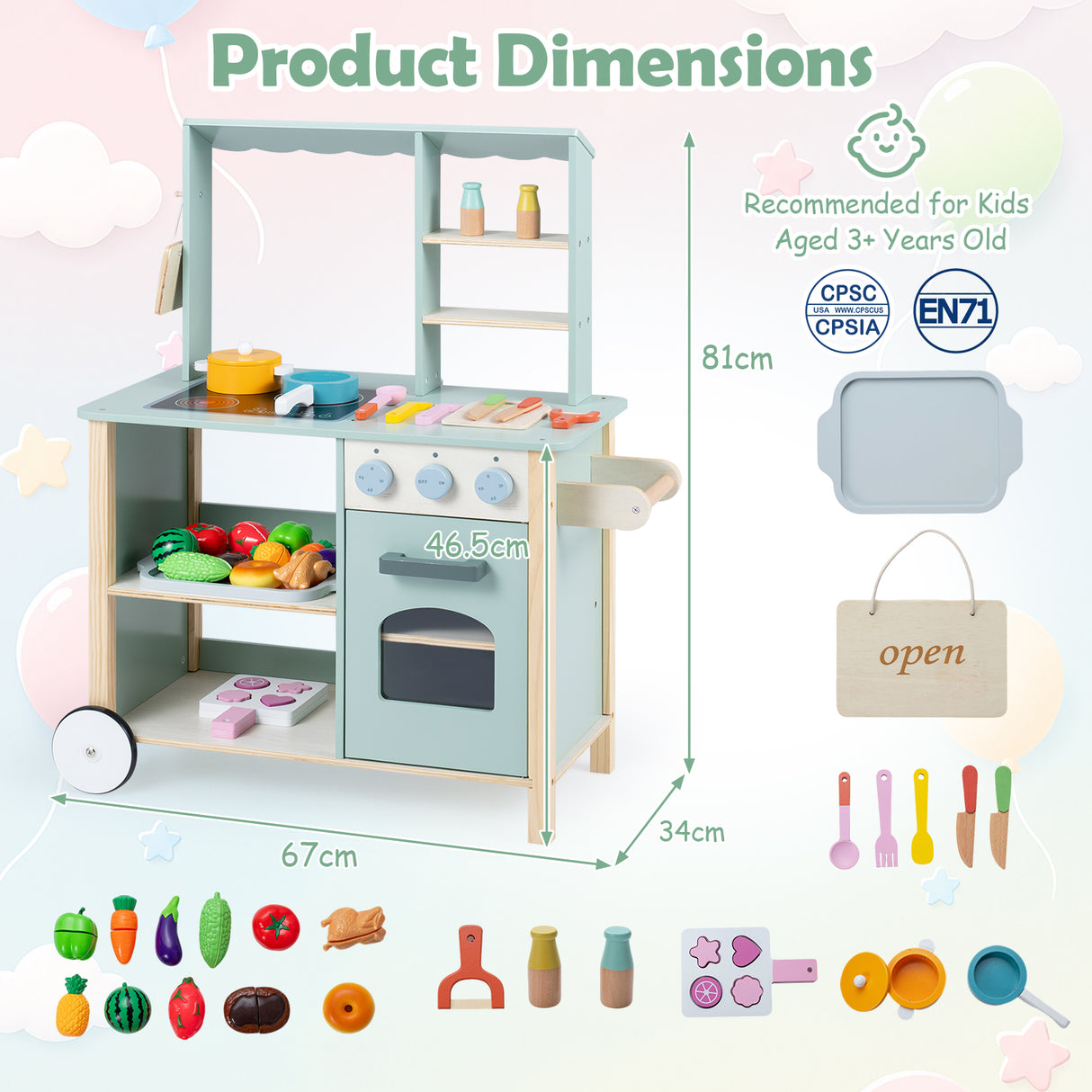 Play Kitchen for Kids, Wooden Kitchen Playset with Stoves, Oven, Rolling Chef Pretend Play Set