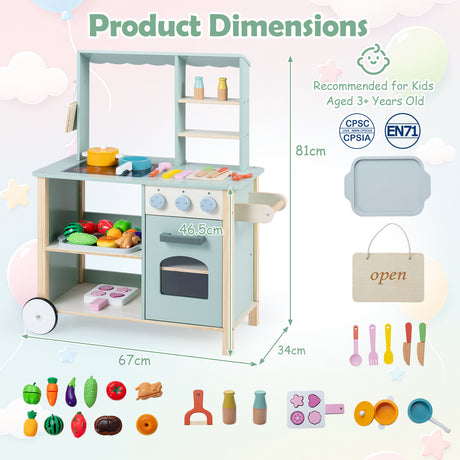 Play Kitchen for Kids, Wooden Kitchen Playset with Stoves, Oven, Rolling Chef Pretend Play Set