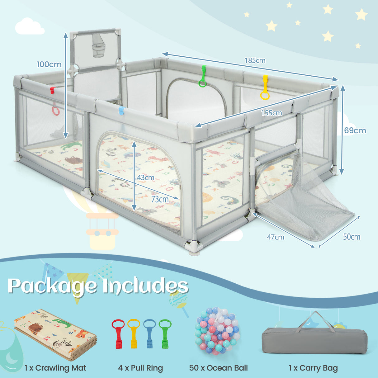 BABY JOY Baby Playpen with Double-Sided Mat, 185 x 155cm Baby Playard w/Basketball Hoop