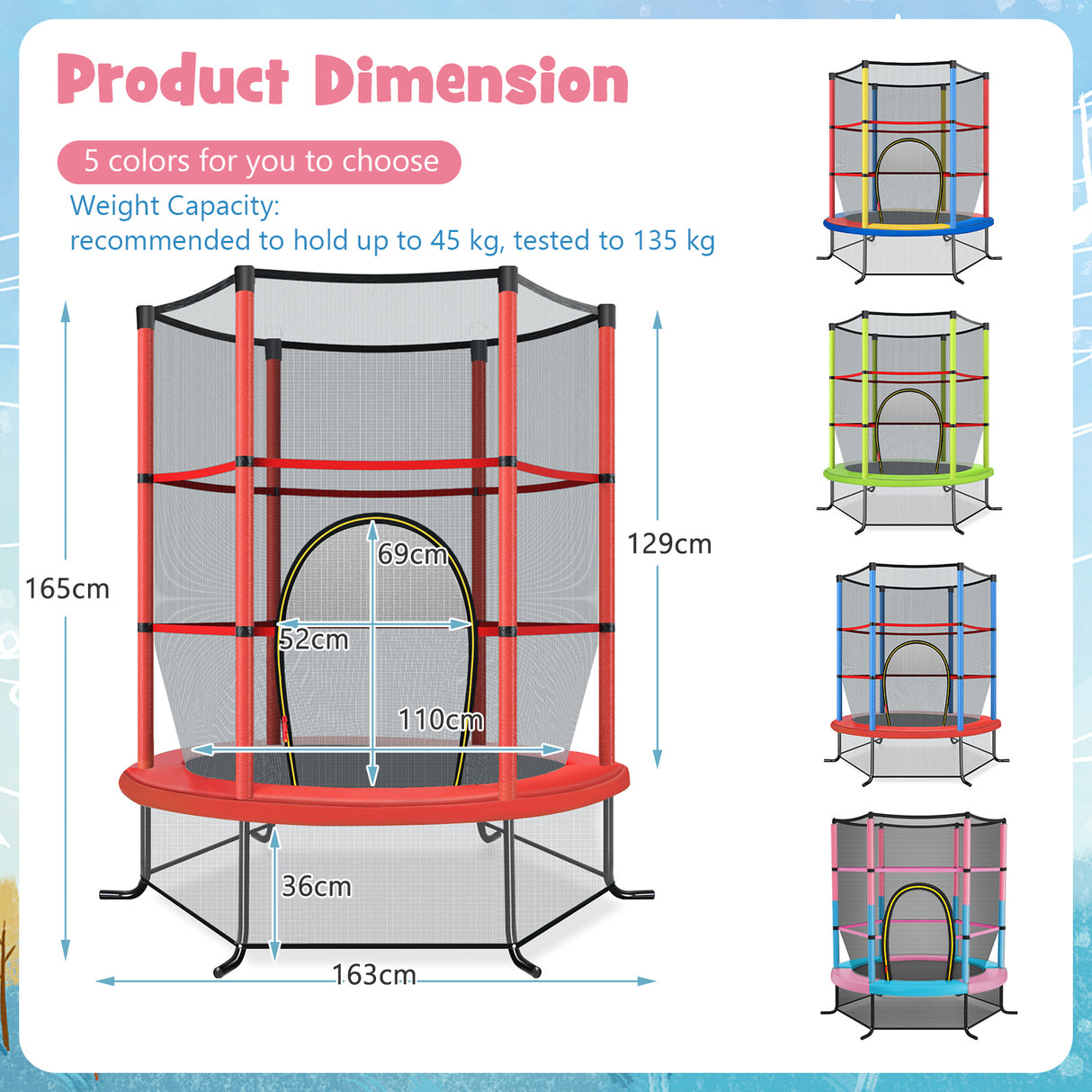 HONEY JOY 5.3FT Kids Trampoline, Toddler Trampoline w/Safe Enclosure Net, Accessories Bag, Jumping Pad