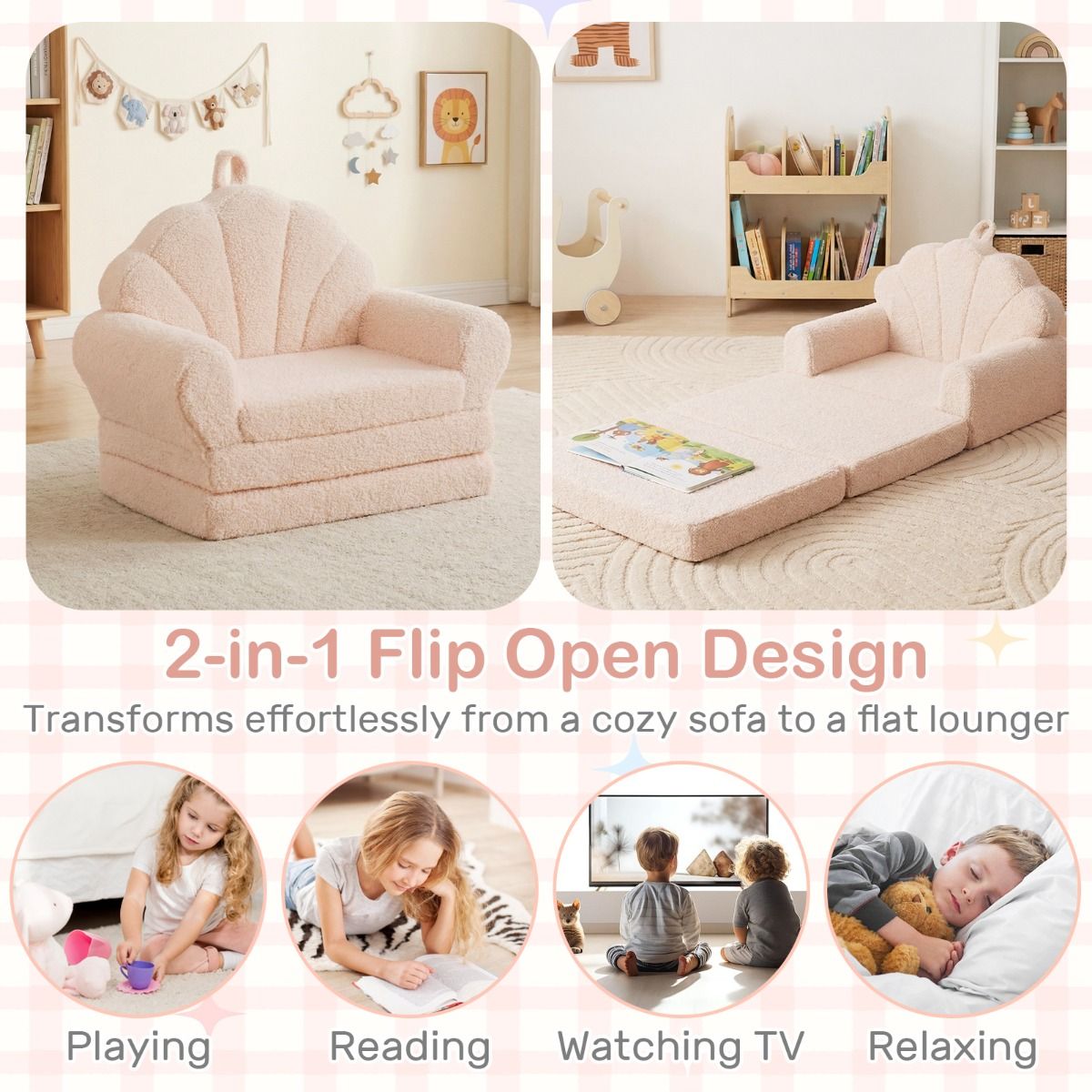 2-in-1 Kids Flip Out Sofa with Soft Fabric Cover for Playroom