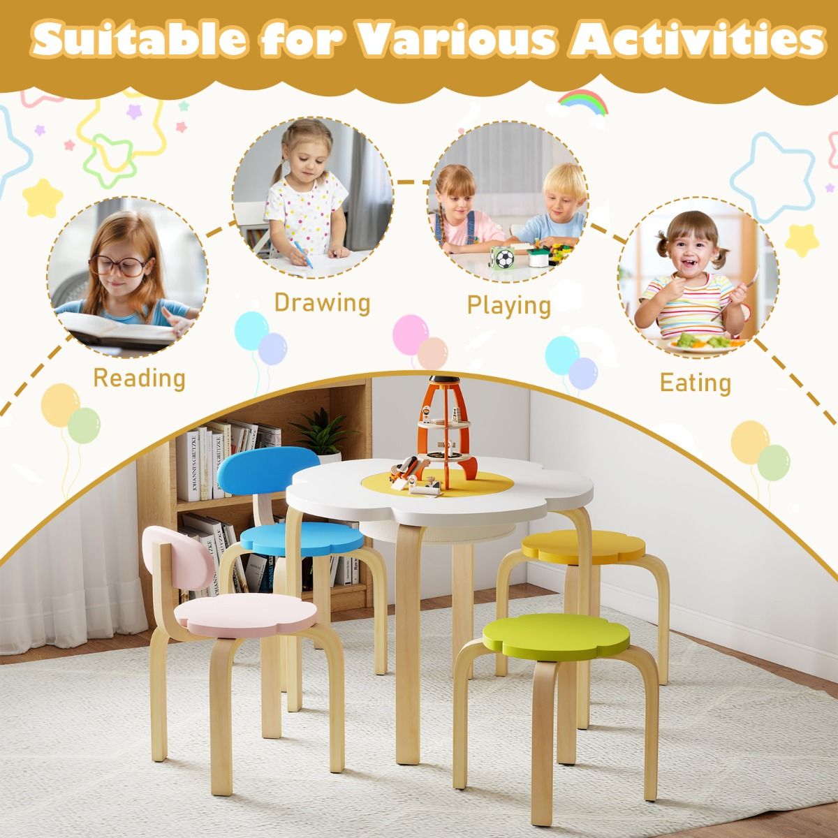 Flower-shaped Children Table Set with 2 Colorful Chairs and Stools