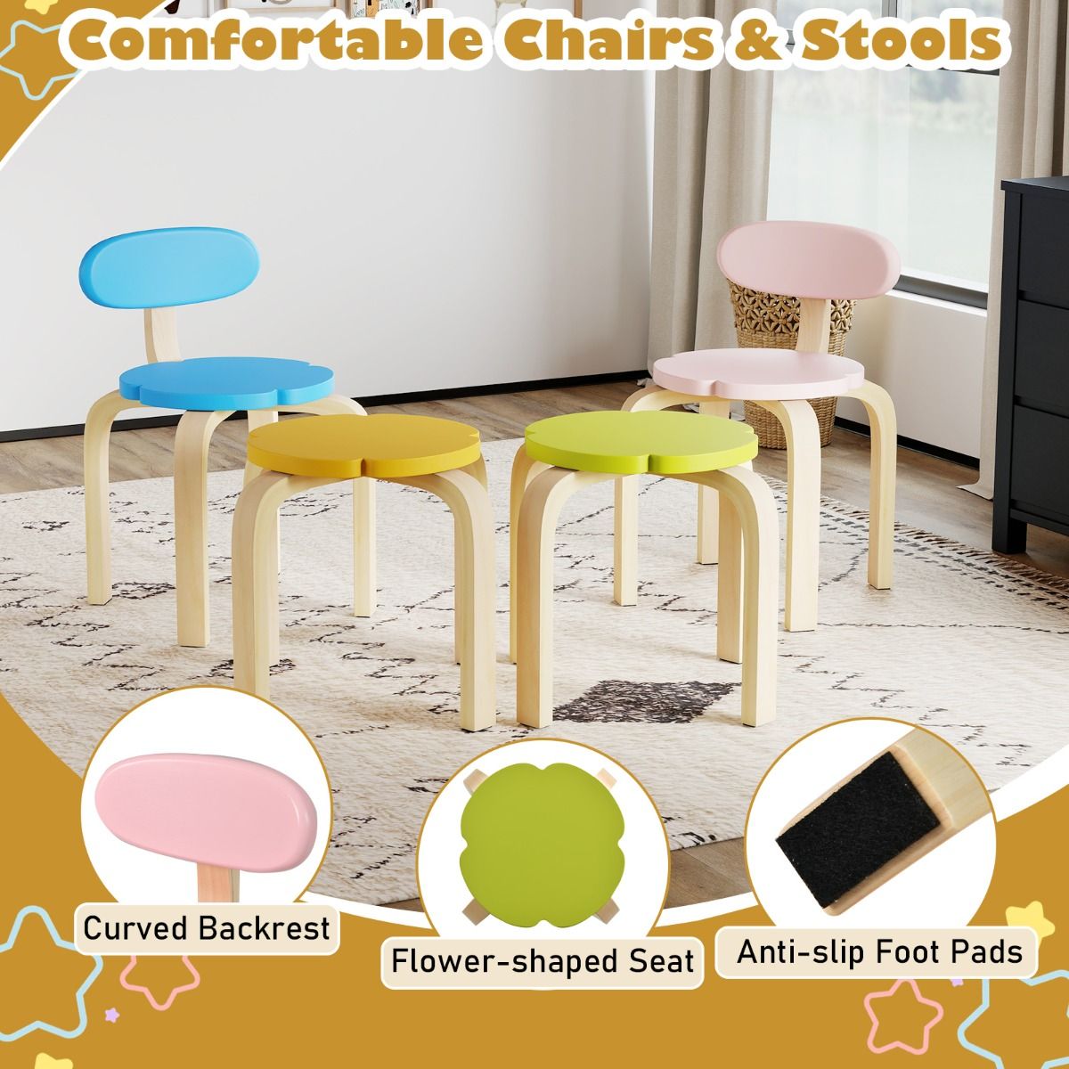 Flower-shaped Children Table Set with 2 Colorful Chairs and Stools
