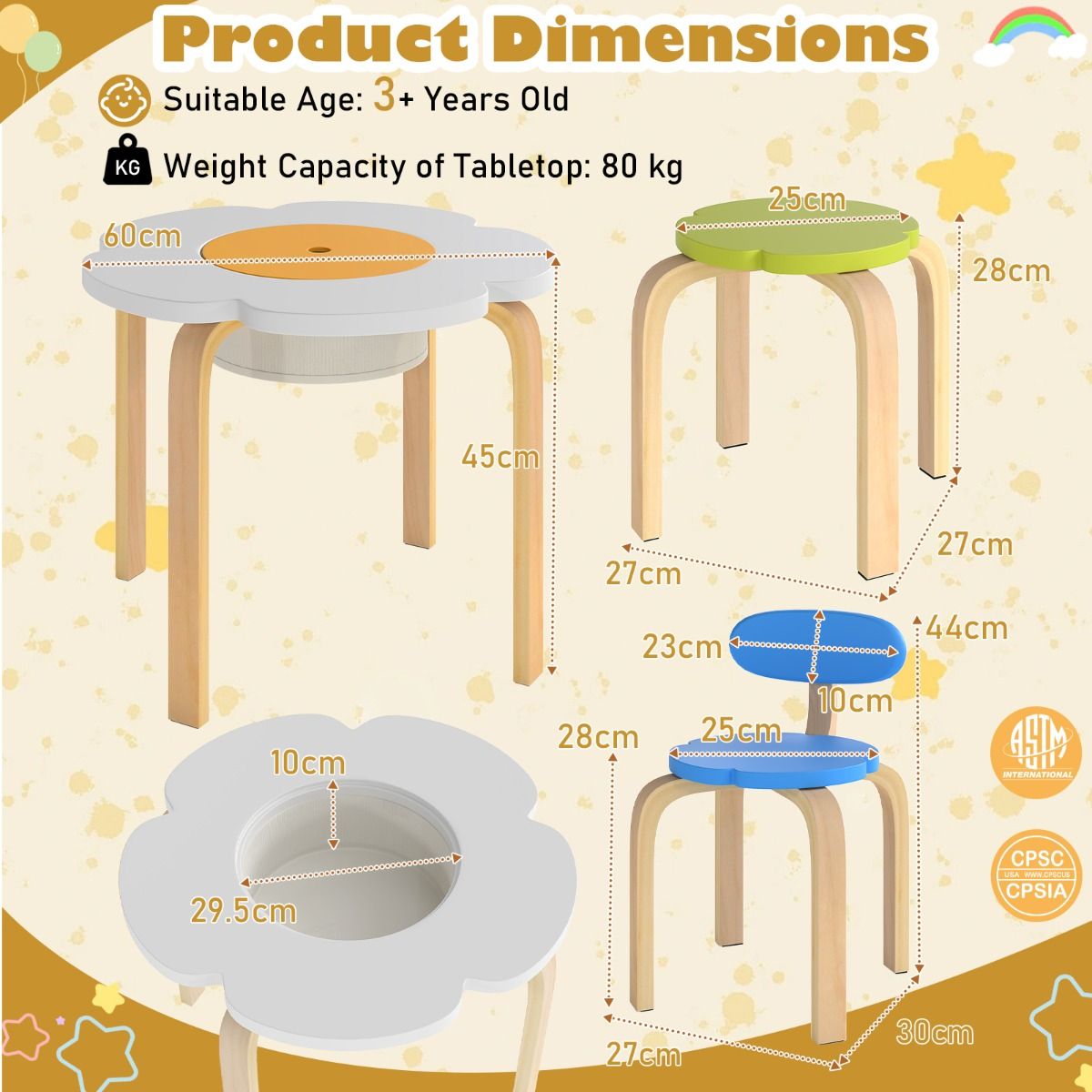 Flower-shaped Children Table Set with 2 Colorful Chairs and Stools