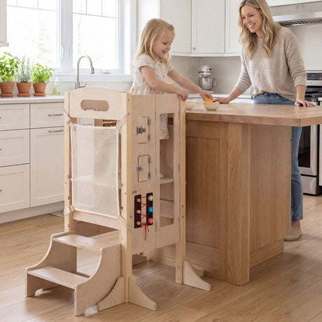 Foldable Learning Tower Toddler Tower with Adjustable Height and Detachable Safety Net