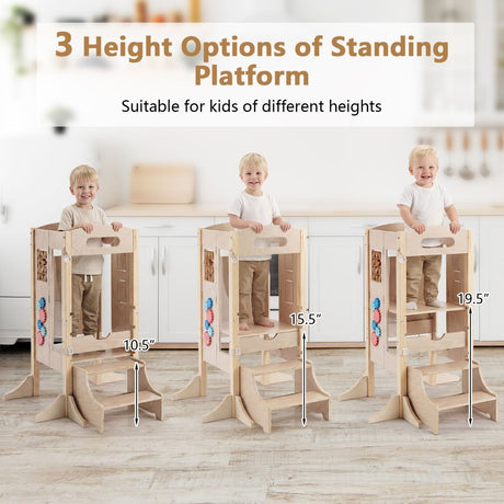 Foldable Learning Tower Toddler Tower with Adjustable Height and Detachable Safety Net