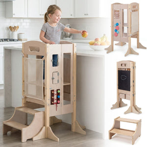 Foldable Learning Tower Toddler Tower w/ Adjustable Height and Detachable Safety Net
