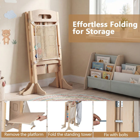 Foldable Learning Tower Toddler Tower with Adjustable Height and Detachable Safety Net