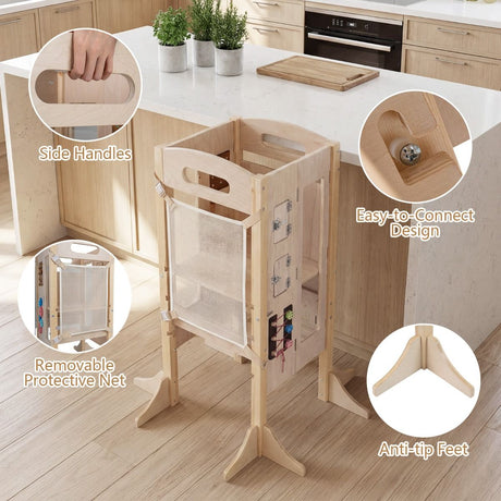 Foldable Learning Tower Toddler Tower with Adjustable Height and Detachable Safety Net
