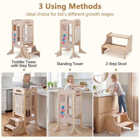 Foldable Learning Tower Toddler Tower with Adjustable Height and Detachable Safety Net