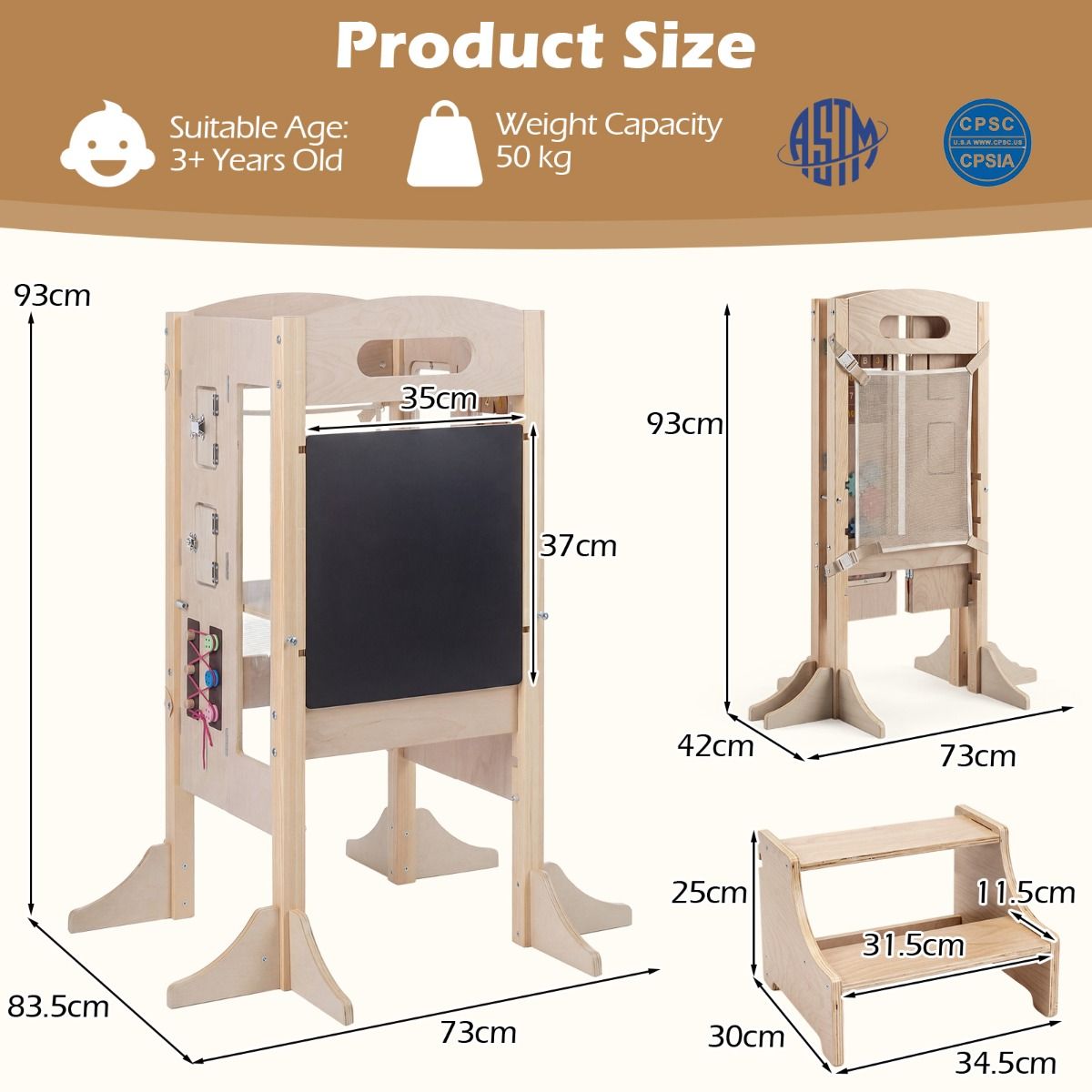 Foldable Learning Tower Toddler Tower with Adjustable Height and Detachable Safety Net