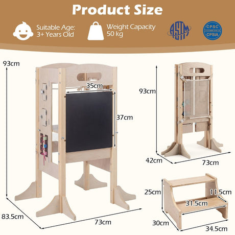 Foldable Learning Tower Toddler Tower with Adjustable Height and Detachable Safety Net