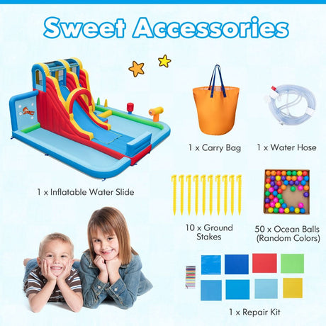 Inflatable water slide set with accessories on a white background