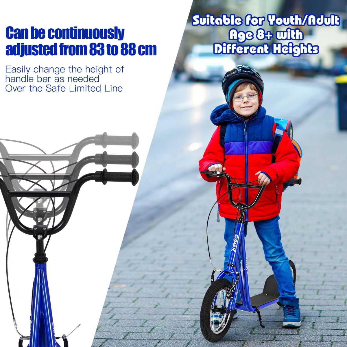 Height Adjustable Youth Scooter with 2 V-Type Handbrakes for Kids 8-12