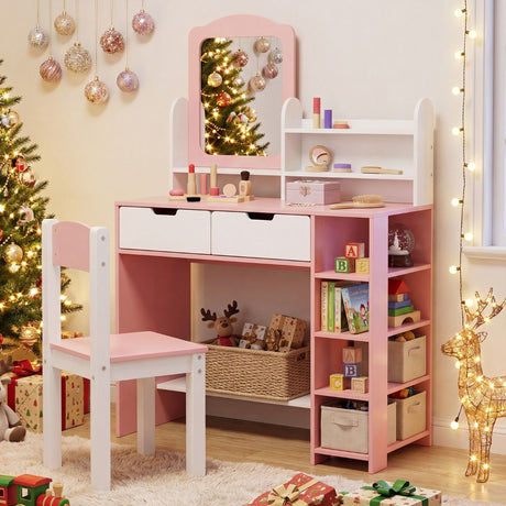 Kids Vanity Set with Mirror and Chair Princess Makeup Dressing Desk