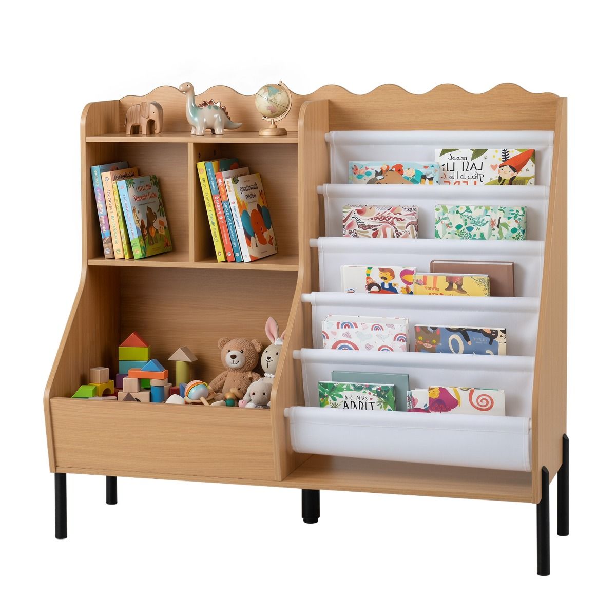 Kids Bookshelf and Toy Storage Organizer with 5 Fabric Pockets and Metal Legs