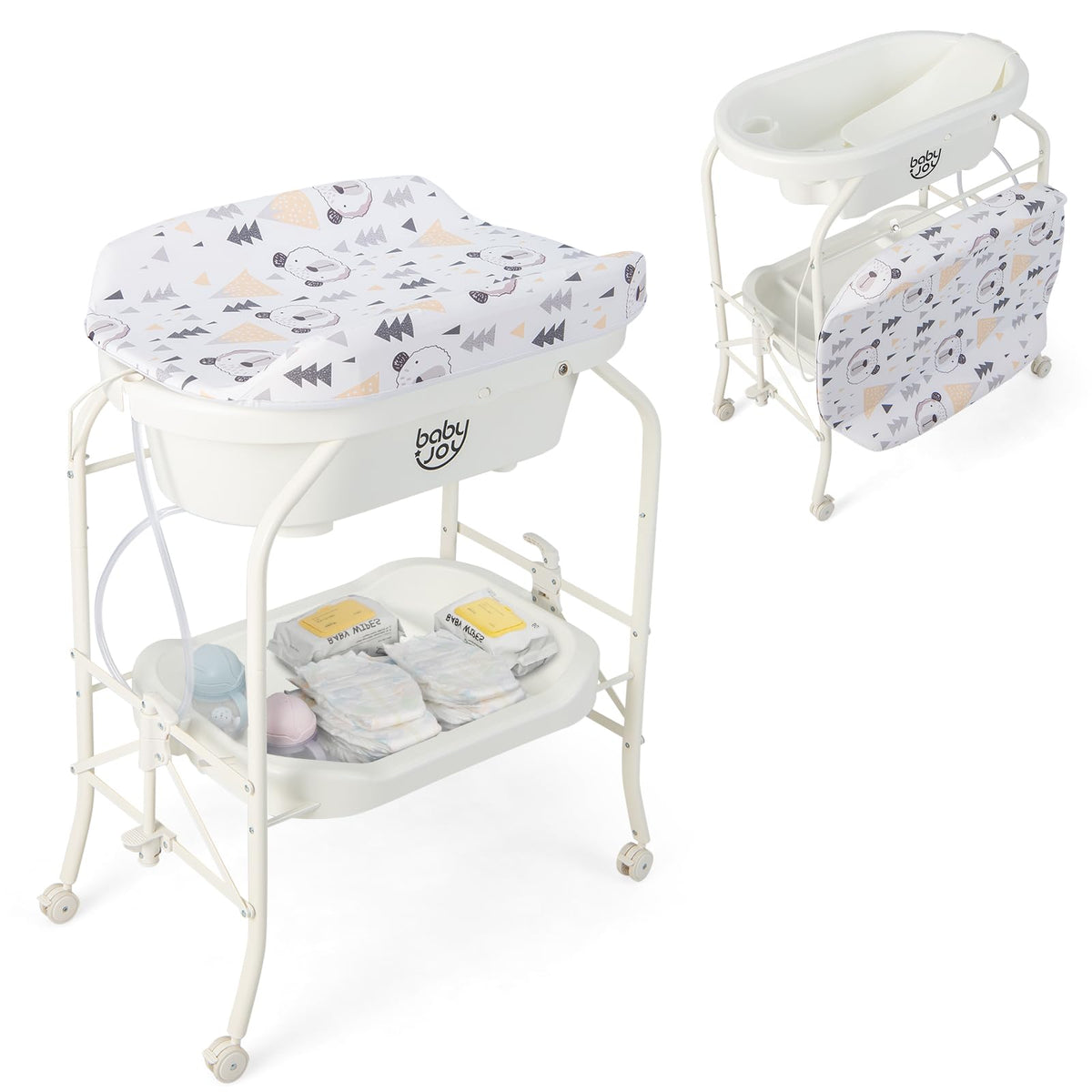 Portable Baby Changing Table with Bathtub on Wheels, Foldable Diaper Changing Station for 0-12 Months