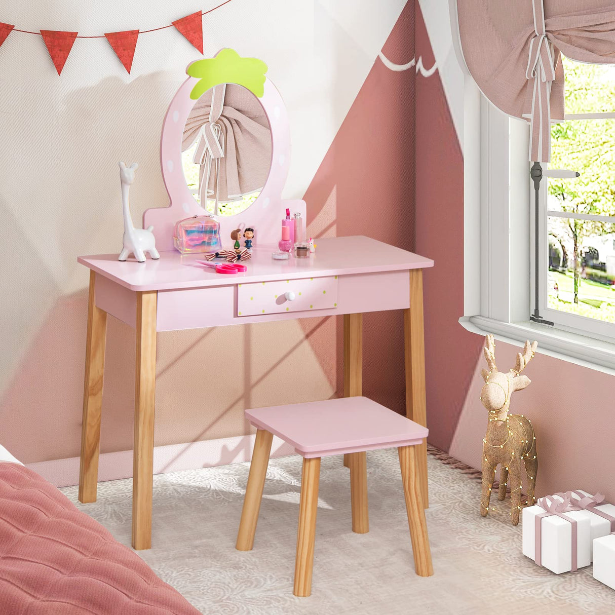 HONEY JOY 2-in-1 Kids Vanity Set, Wooden Kids Dressing Table with Stool, Strawberry-Shaped Mirror & Practical Drawer