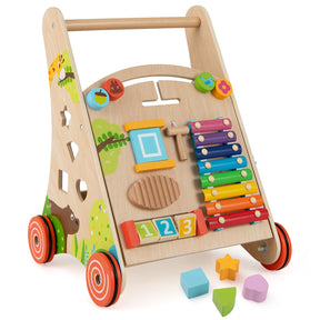 A colorful wooden baby walker with wheels and various playful elements such as a maze, window, washboard, and xylophone. It is positioned on a white background with some toys placed in front.