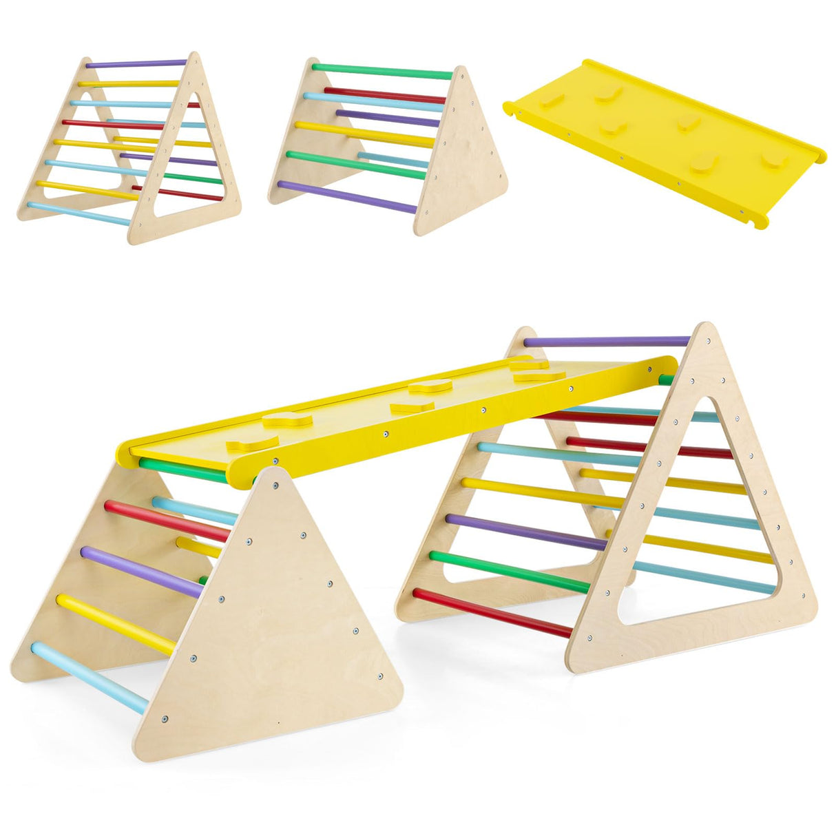 HONEY JOY 3 in 1 Triangle Climber with Ramp, Wooden Climbing Toys for Toddlers