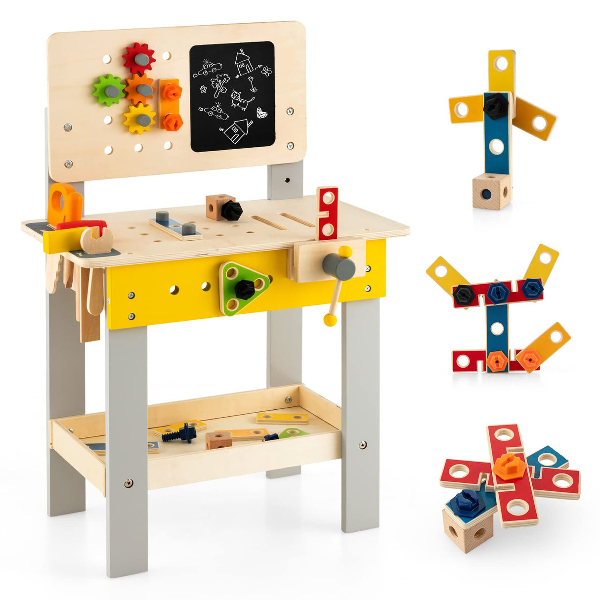 HONEY JOY Kids Wooden Tool Workbench Toy, Pretend Play Workbench Set for Children w/Blackboard