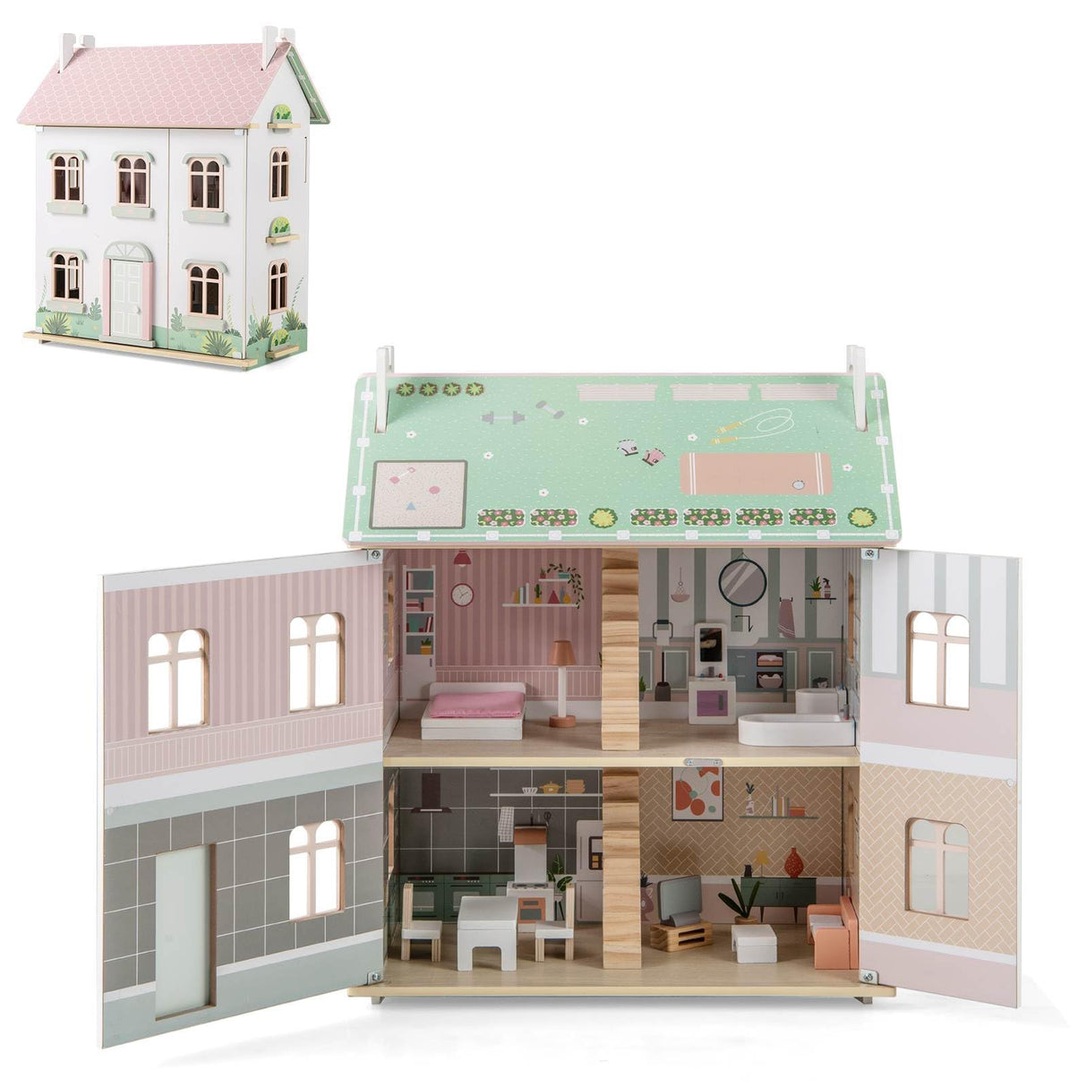 HONEY JOY Kids Wooden Dollhouse, 3 Level Doll House Playset