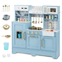 Blue toy kitchen set with various accessories on a white background