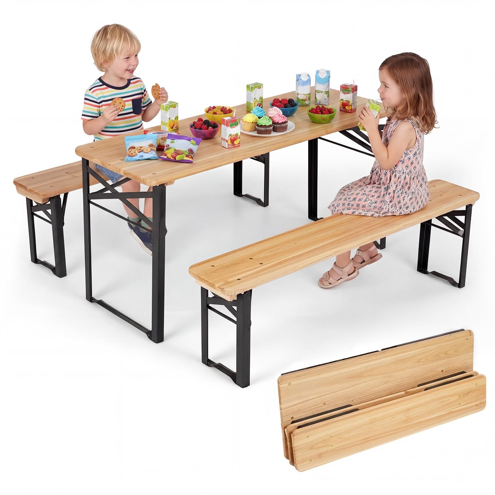 HONEY JOY 110 CM Folding Kids Picnic Table & Bench Set, No