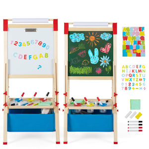 Children's wooden art easel with chalkboard and whiteboard, adjustable height, storage space with painting cups, and colorful letters. The easel is set against a white background and also has a blue storage bag.