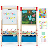 Children's wooden art easel with chalkboard and whiteboard, adjustable height, storage space with painting cups, and colorful letters. The easel is set against a white background and also has a blue storage bag.