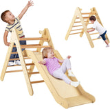 HONEY JOY Wooden Climbing Triangle Ladder for Kids, 2 in 1 Pikler Triangle Climber with Ramp for Slide