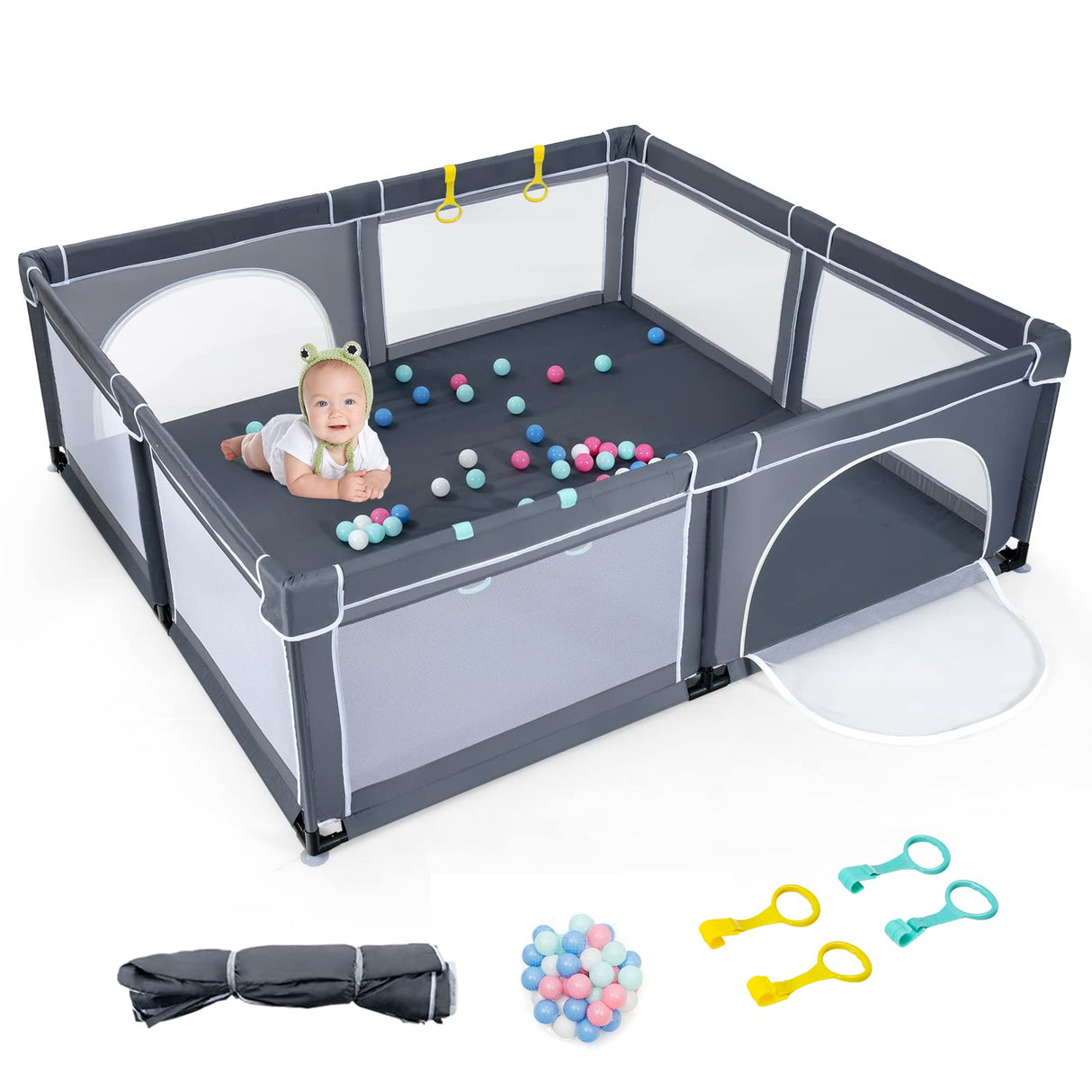 BABY JOY Baby Playpen for Toddler, 206 x 185.5 x 68 cm Large Safety Play Yard with 50 Ocean Balls, 4 Pull Rings