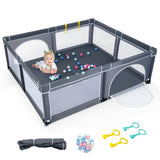 BABY JOY Baby Playpen for Toddler, 206 x 185.5 x 68 cm Large Safety Play Yard with 50 Ocean Balls, 4 Pull Rings