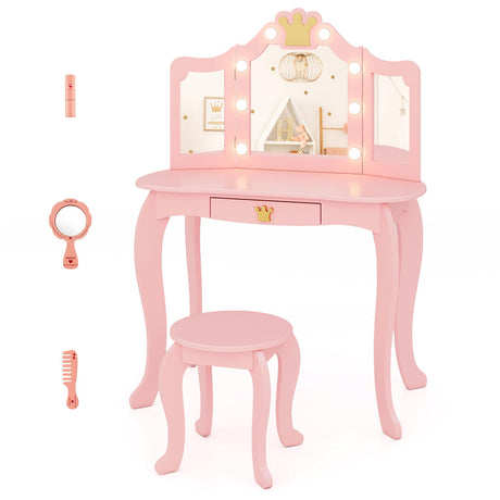 HONEY JOY Kids Vanity Set with 3-Color Adjustable Lighted Mirror