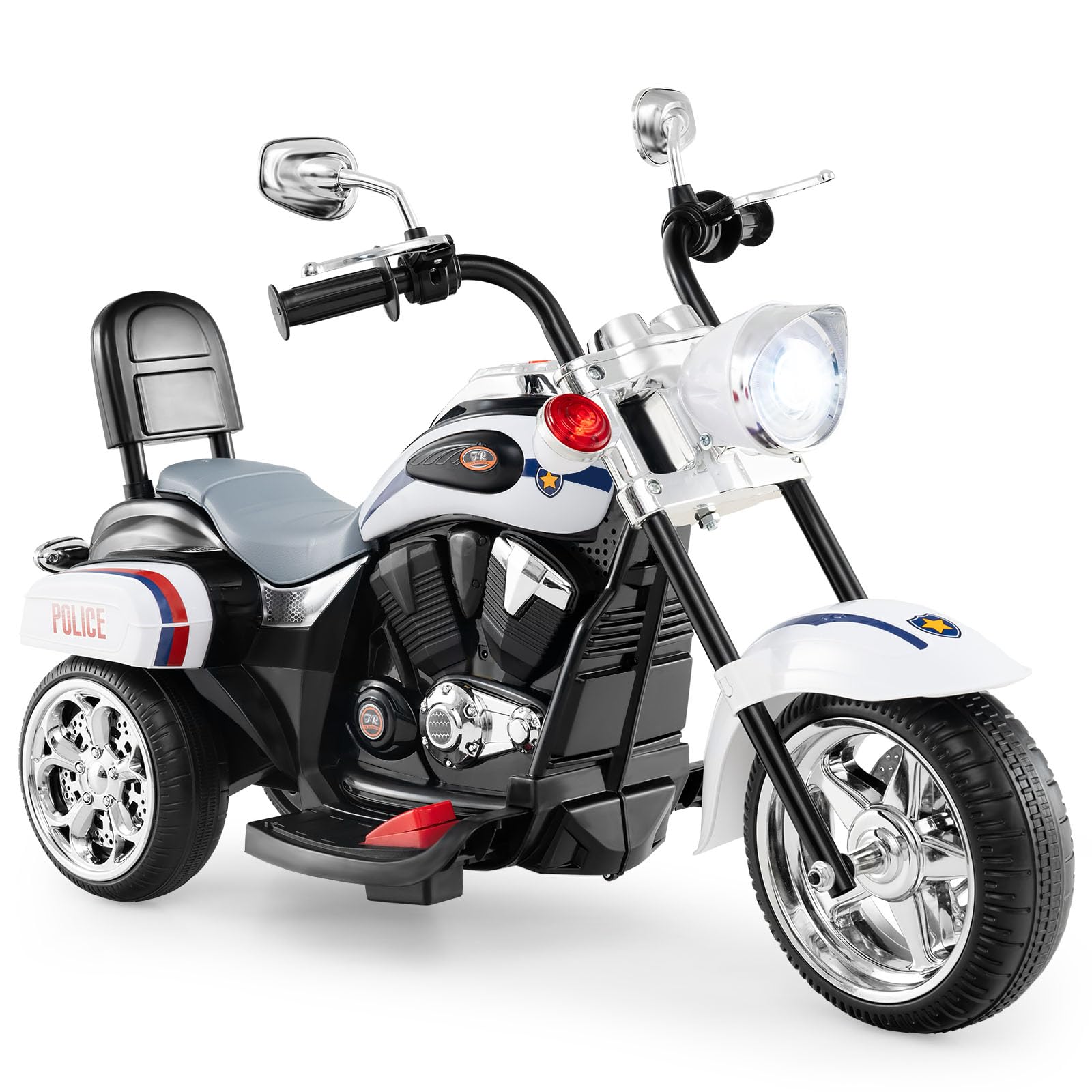 Children's police motorcycle toy on a white background