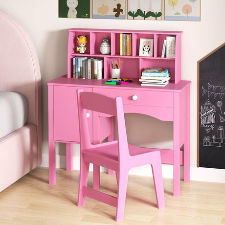 HONEY JOY Kids Study Desk and Chair Set, Children Wooden Craft Table with Chair, Hutch and Storage Cabinet for 3+ Years Old