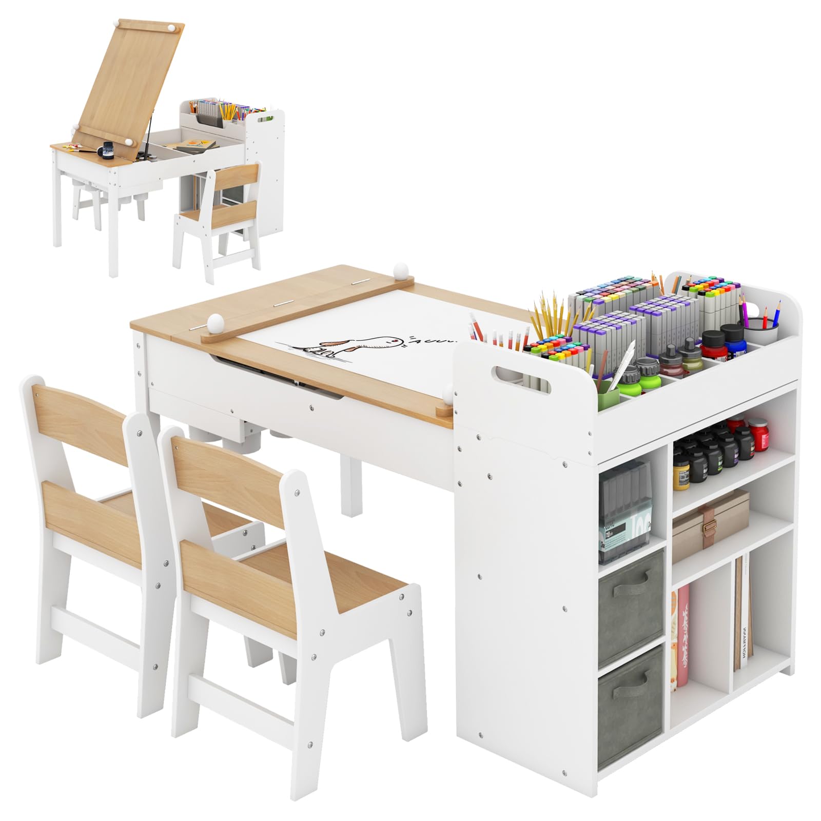 HONEY JOY Kids Art Table & 2 Chairs Set w/Paper Roll, Craft Desk w