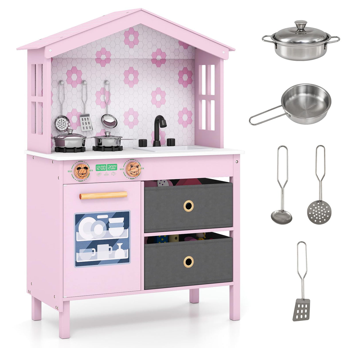House-Shaped Play Kitchen, Kids Kitchen Playset