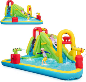 An inflatable water slide with multiple play areas, including a slide, climbing wall, and splash pool, with children playing on it.