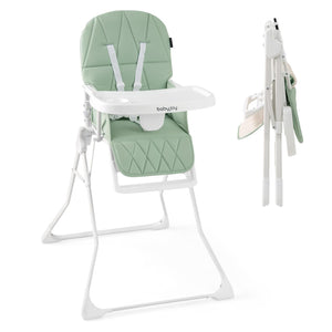 A foldable high chair for babies and toddlers with a green and grey PU seat cushion, metal frame, and a removable white tray.