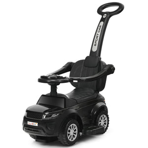 A black 3-in-1 kids ride on push car, featuring a stroller mode with a removable handle, suitable for toddlers.