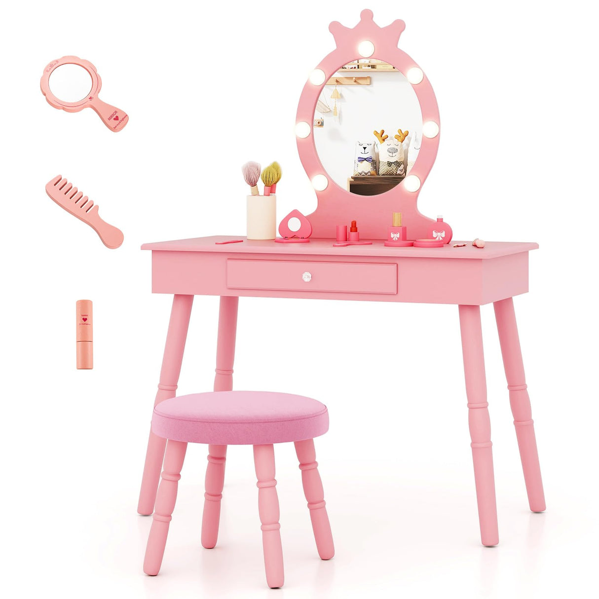 HONEY JOY Kids Vanity Set with LED Lighted Mirror & Stool