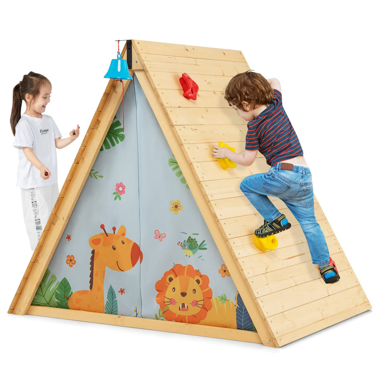 HONEY JOY Kids Triangle Climber with Tent, 2 in 1 Wooden Climbing Triangle Toys w/Climbing Wall