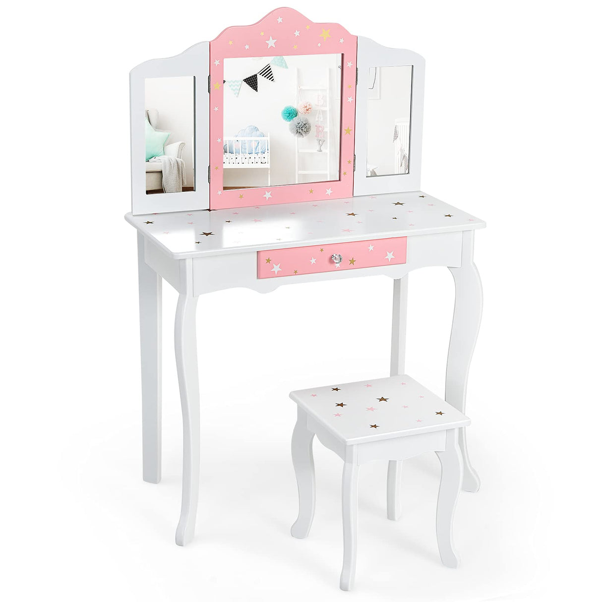 HONEY JOY Kids Pretend Play Vanity Set, 2-in-1 Wooden Princess Makeup Dressing Table w/Stool & Drawer