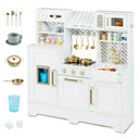 White toy kitchen set with gold accents and various accessories on a white background