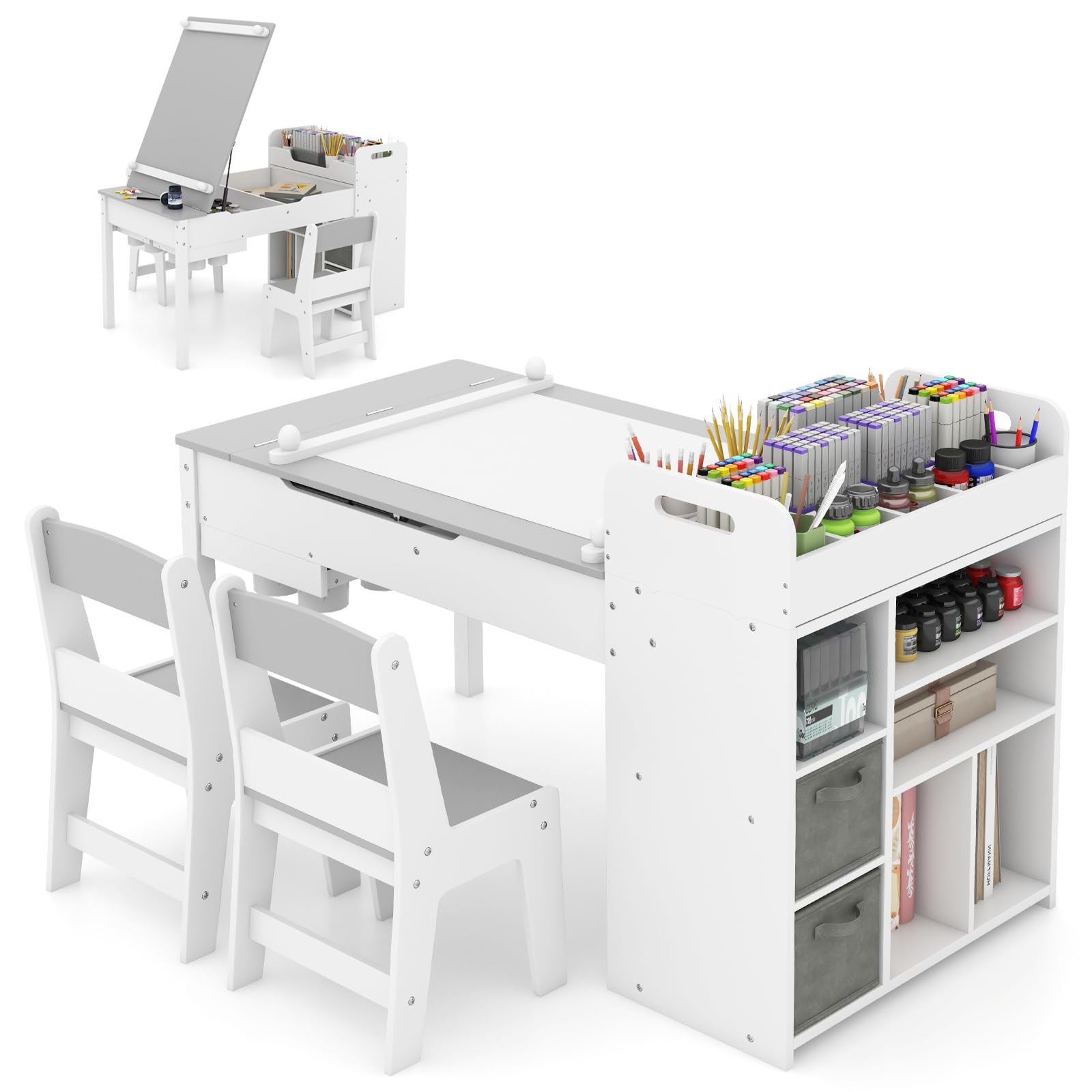 HONEY JOY Kids Art Table & 2 Chairs Set w/Paper Roll, Craft Desk w