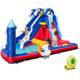HONEY JOY Inflatable Water Slide, Dolphin Theme Kids Bounce House Water Park w/Long Slide, 2 Splash Pools with 680W Blower
